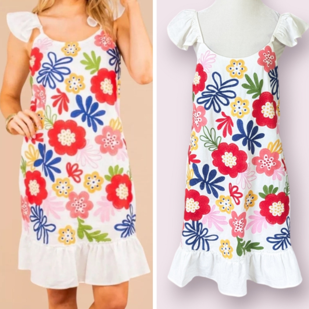 Andree Floral Dress Large Linen Blend White Multi Color Ruffle Straps Shift Boho
